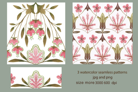 3 Watercolor Seamless Patterns for Art-Nouveau Design
