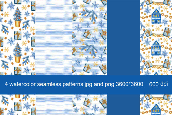 4 Christmas Patterns in Blue and Gold: Watercolor Seamless Designs for Creative Projects